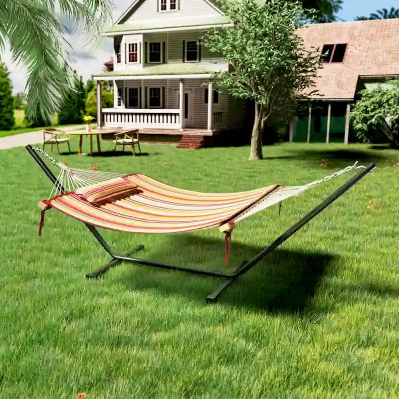 VEIKOUS 12 ft. Quilted Camping Portable Hammock with Stand and Detachable Pillow for 2-Person
