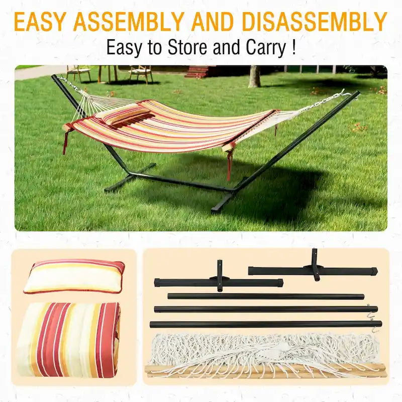 VEIKOUS 12 ft. Quilted Camping Portable Hammock with Stand and Detachable Pillow for 2-Person