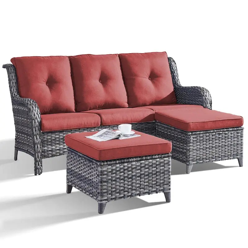 Pocassy 3-Piece Outdoor Wicker Sofa Set with Ottoman