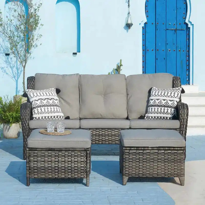 Pocassy 3-Piece Outdoor Wicker Sofa Set with Ottoman
