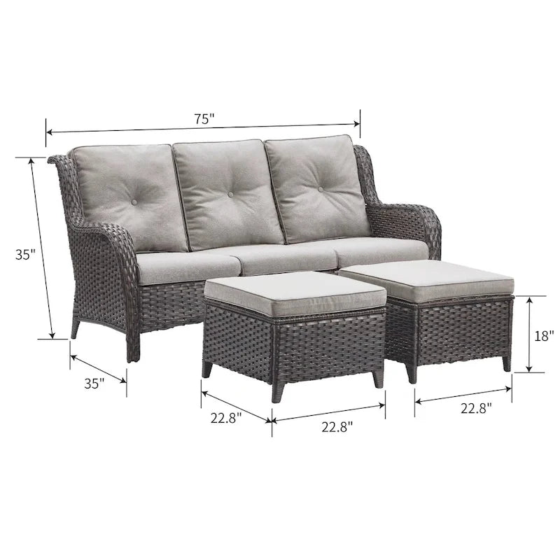 Pocassy 3-Piece Outdoor Wicker Sofa Set with Ottoman