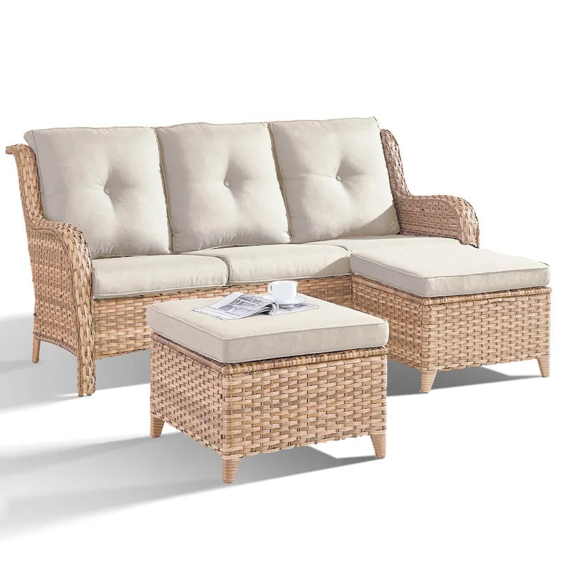 Pocassy 3-Piece Outdoor Wicker Sofa Set with Ottoman