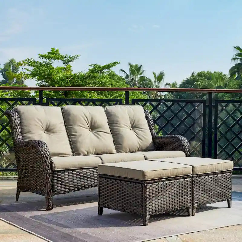 Pocassy 3-Piece Outdoor Wicker Sofa Set with Ottoman