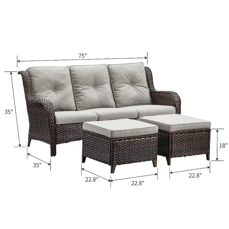 Pocassy 3-Piece Outdoor Wicker Sofa Set with Ottoman