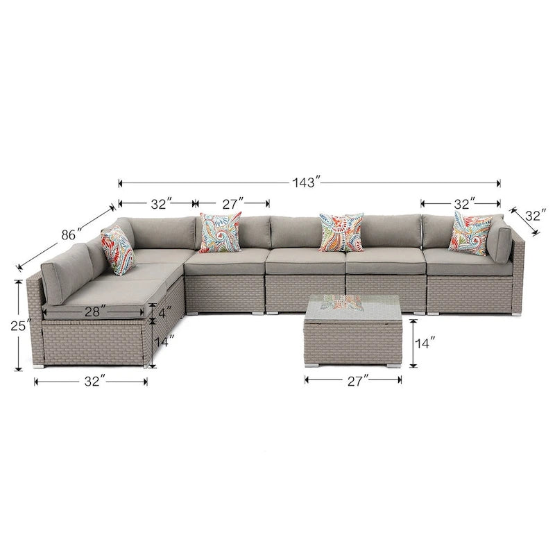 COSIEST 8-piece PE Wicker Outdoor Sectional Set with Cushions