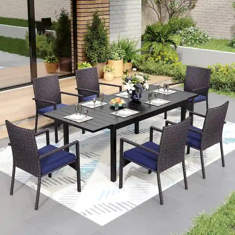 7/9 Patio Dining Set, Expendable Rectangular Outdoor Dining Table with Rattan Chairs