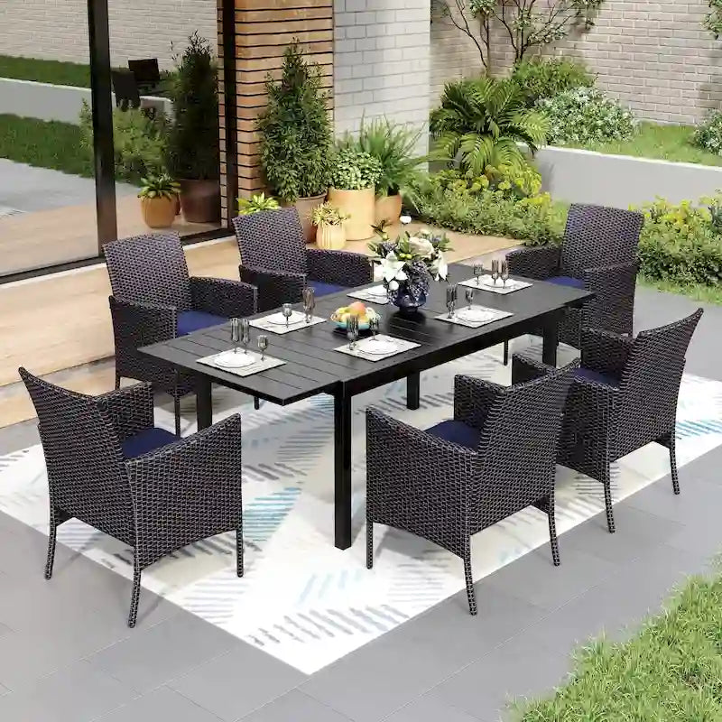 7/9 Patio Dining Set, Expendable Rectangular Outdoor Dining Table with Rattan Chairs