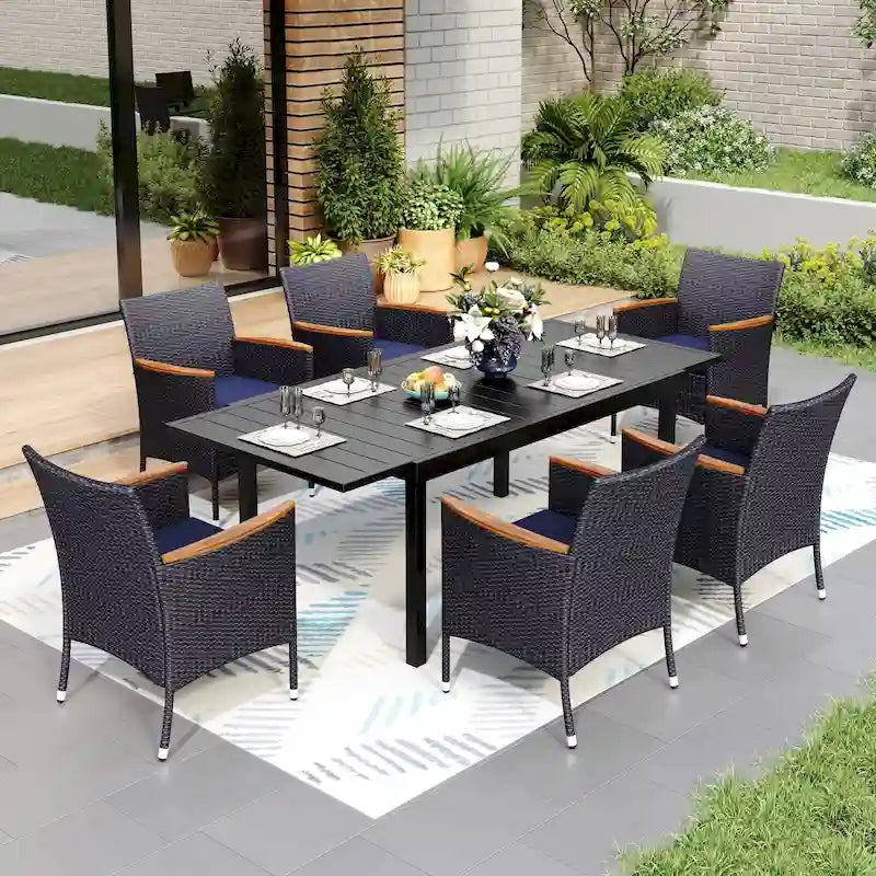7/9 Patio Dining Set, Expendable Rectangular Outdoor Dining Table with Rattan Chairs