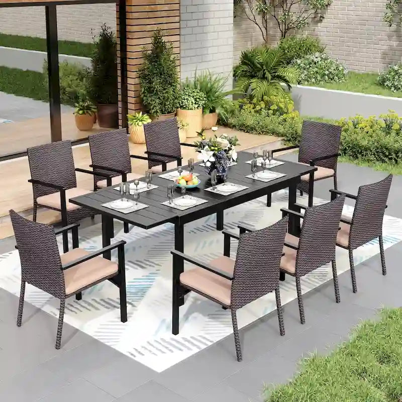 7/9 Patio Dining Set, Expendable Rectangular Outdoor Dining Table with Rattan Chairs