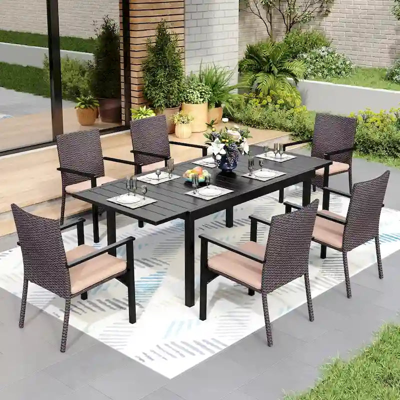 7/9 Patio Dining Set, Expendable Rectangular Outdoor Dining Table with Rattan Chairs
