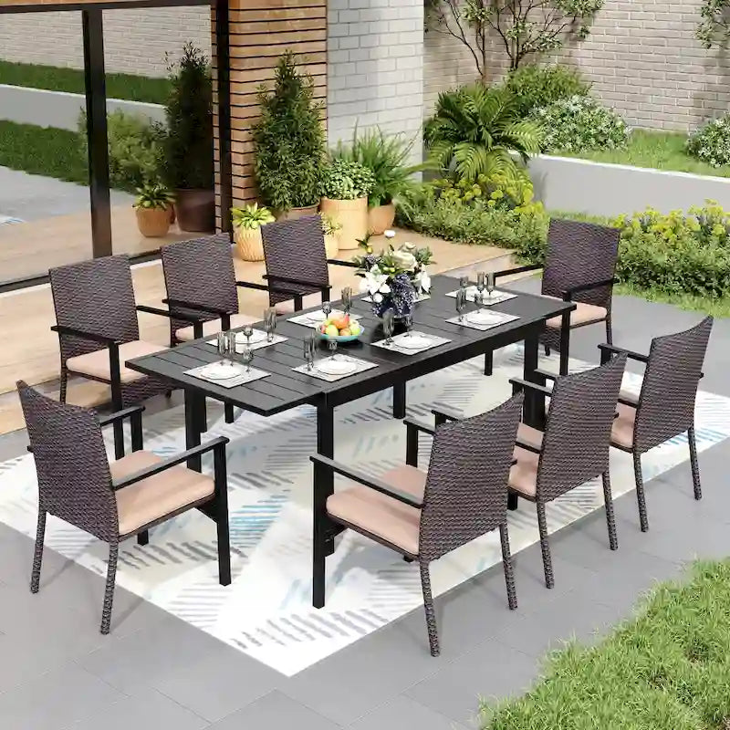 7/9 Patio Dining Set, Expendable Rectangular Outdoor Dining Table with Rattan Chairs