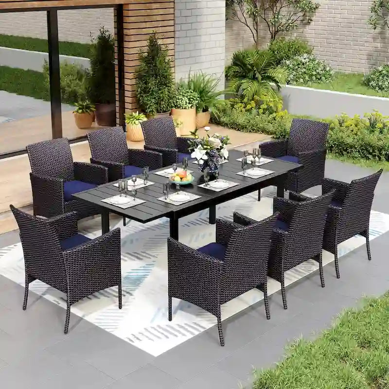 7/9 Patio Dining Set, Expendable Rectangular Outdoor Dining Table with Rattan Chairs