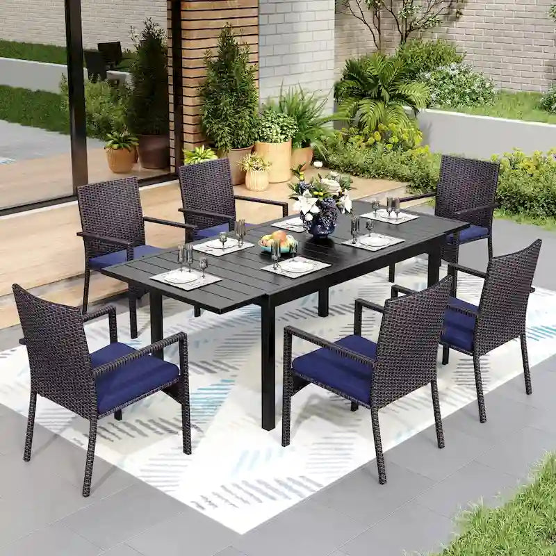 7/9 Patio Dining Set, Expendable Rectangular Outdoor Dining Table with Rattan Chairs