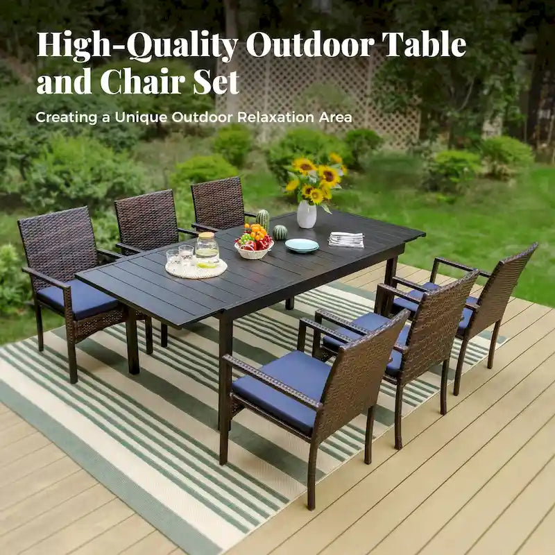 7/9 Patio Dining Set, Expendable Rectangular Outdoor Dining Table with Rattan Chairs