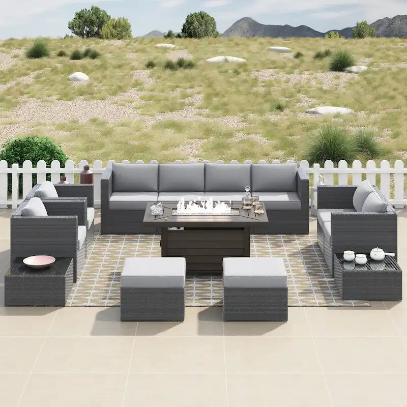 Corvus Trey 13-piece Woven Wicker Sectional Patio Furniture Set with Fire Table