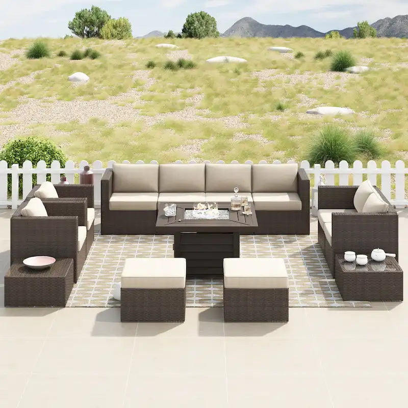 Corvus Trey 13-piece Woven Wicker Sectional Patio Furniture Set with Fire Table