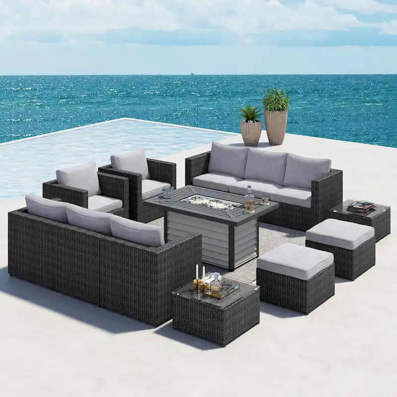Corvus Trey 13-piece Woven Wicker Sectional Patio Furniture Set with Fire Table