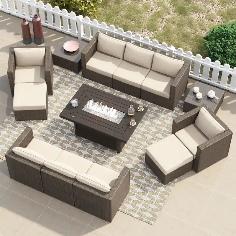 Corvus Trey 13-piece Woven Wicker Sectional Patio Furniture Set with Fire Table