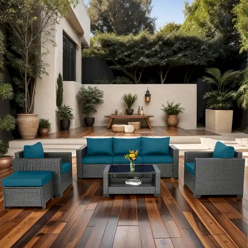 7-Piece Wicker Outdoor Sectional Set with Cushions and Table
