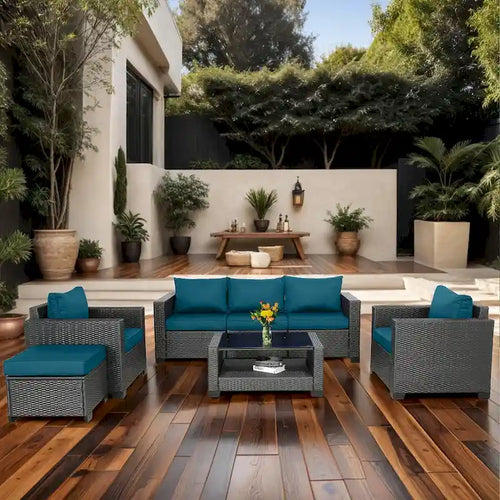 7-Piece Wicker Outdoor Sectional Set with Cushions and Table