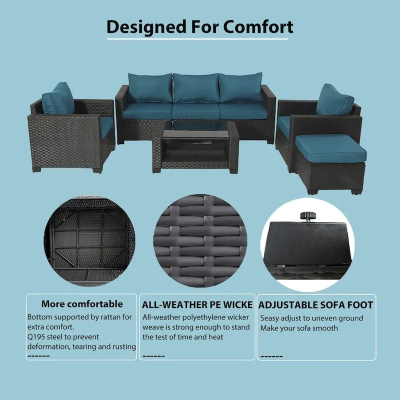 7-Piece Wicker Outdoor Sectional Set with Cushions and Table