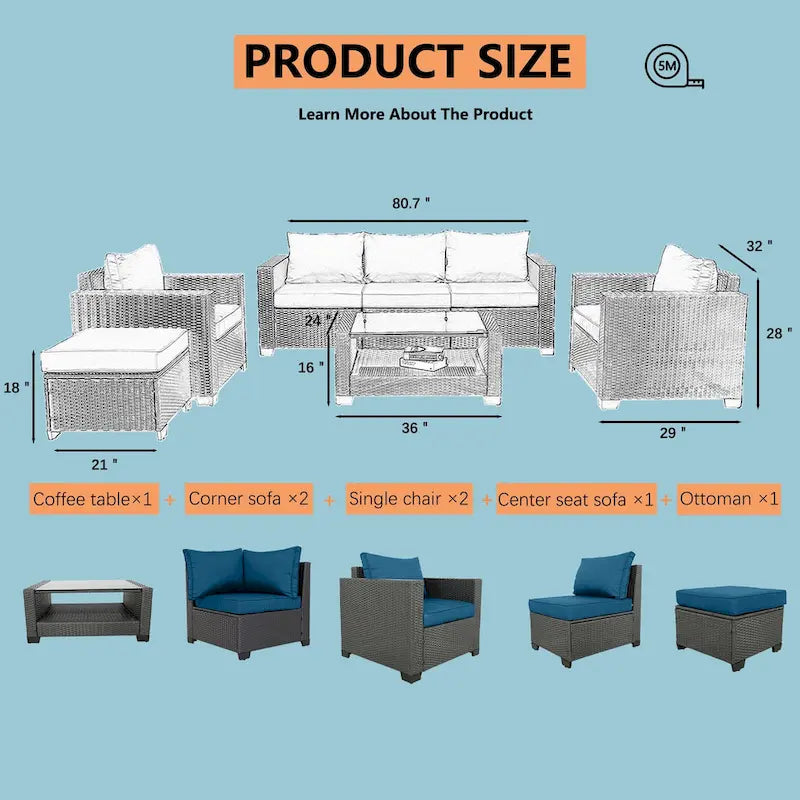 7-Piece Wicker Outdoor Sectional Set with Cushions and Table