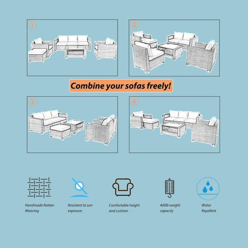 7-Piece Wicker Outdoor Sectional Set with Cushions and Table