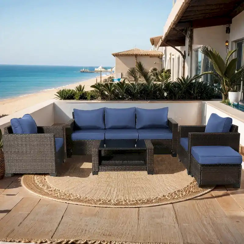 7-Piece Wicker Outdoor Sectional Set with Cushions and Table