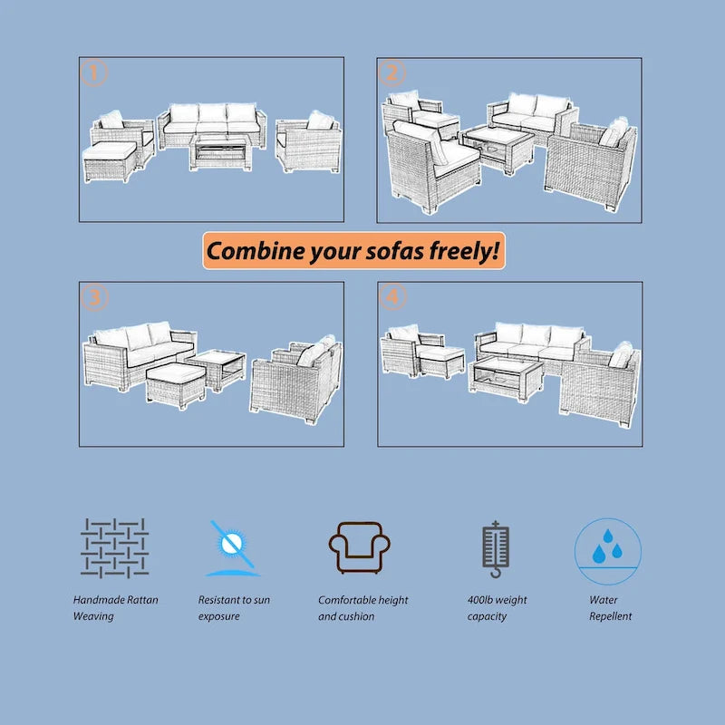 7-Piece Wicker Outdoor Sectional Set with Cushions and Table
