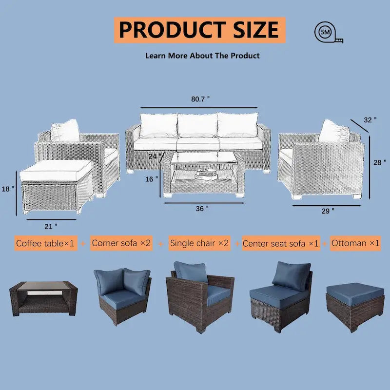 7-Piece Wicker Outdoor Sectional Set with Cushions and Table