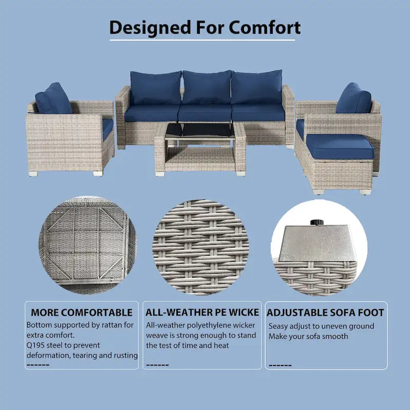 7-Piece Wicker Outdoor Sectional Set with Cushions and Table