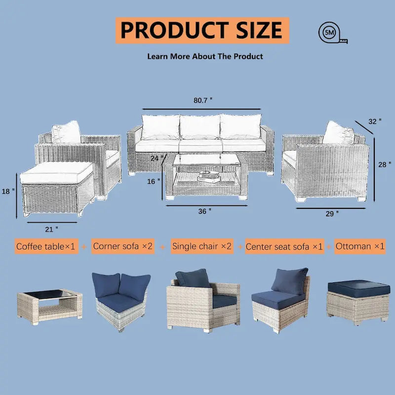 7-Piece Wicker Outdoor Sectional Set with Cushions and Table