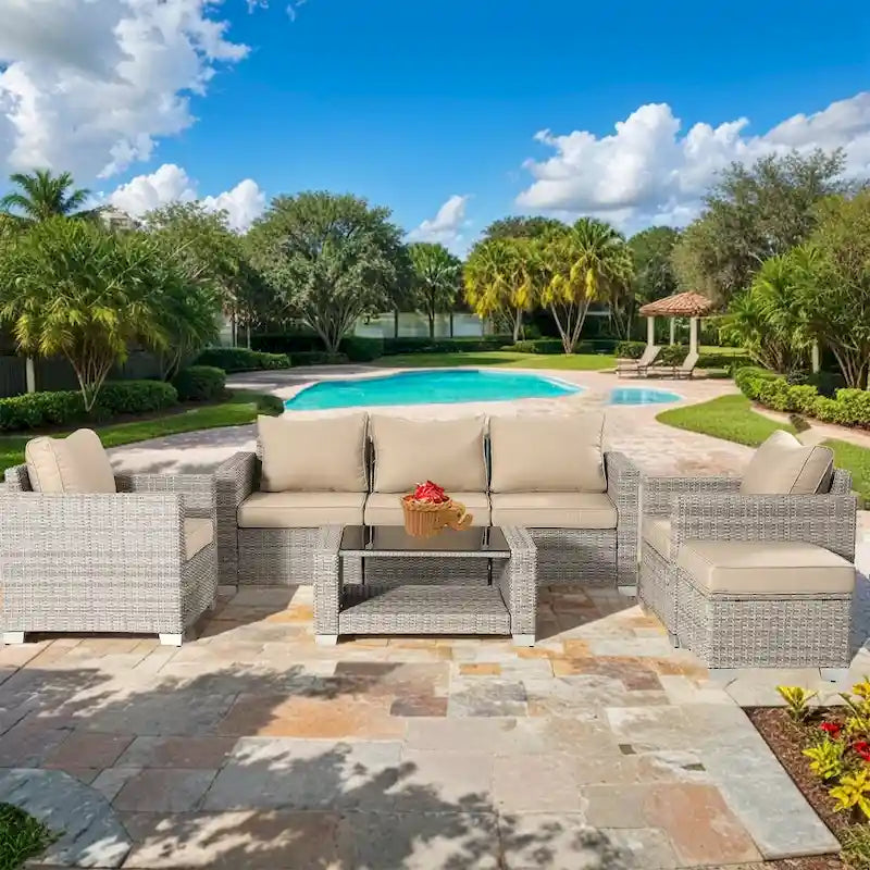 7-Piece Wicker Outdoor Sectional Set with Cushions and Table