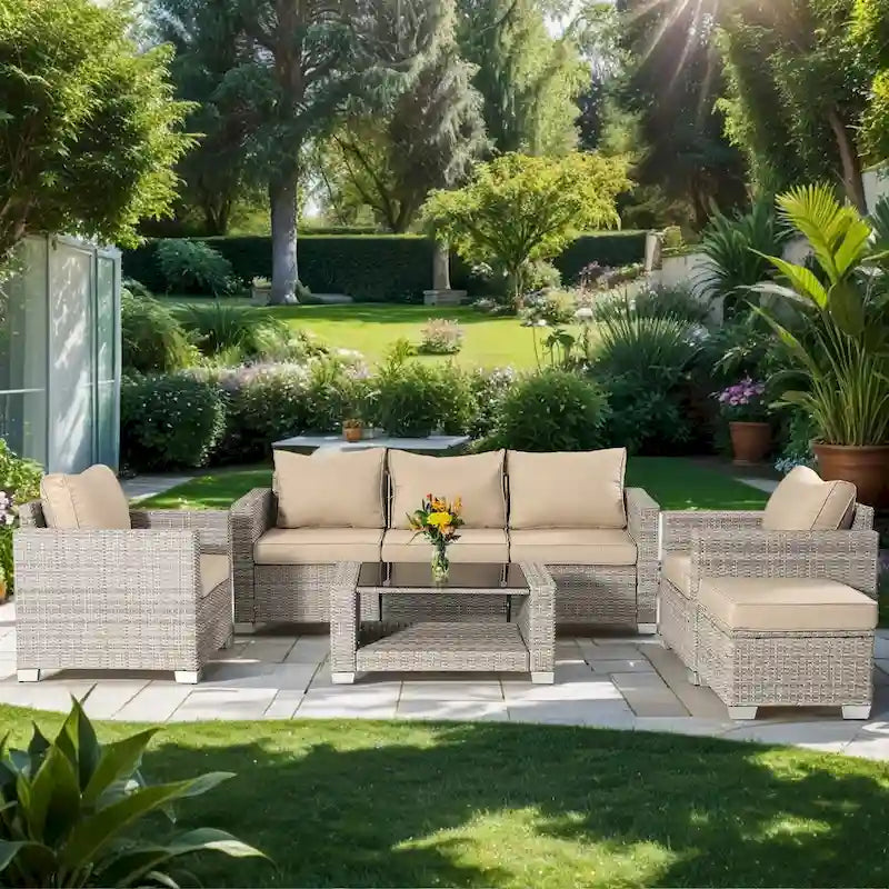 7-Piece Wicker Outdoor Sectional Set with Cushions and Table