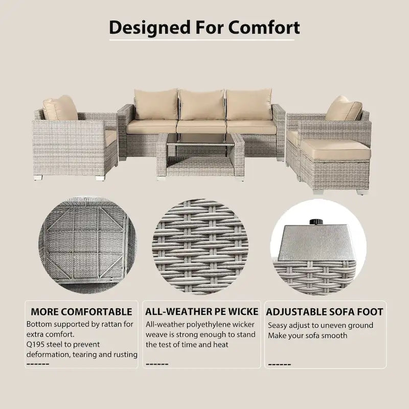 7-Piece Wicker Outdoor Sectional Set with Cushions and Table