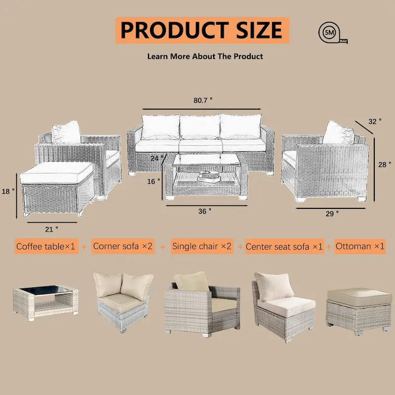 7-Piece Wicker Outdoor Sectional Set with Cushions and Table