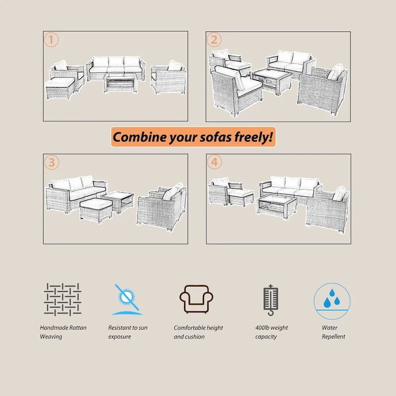 7-Piece Wicker Outdoor Sectional Set with Cushions and Table