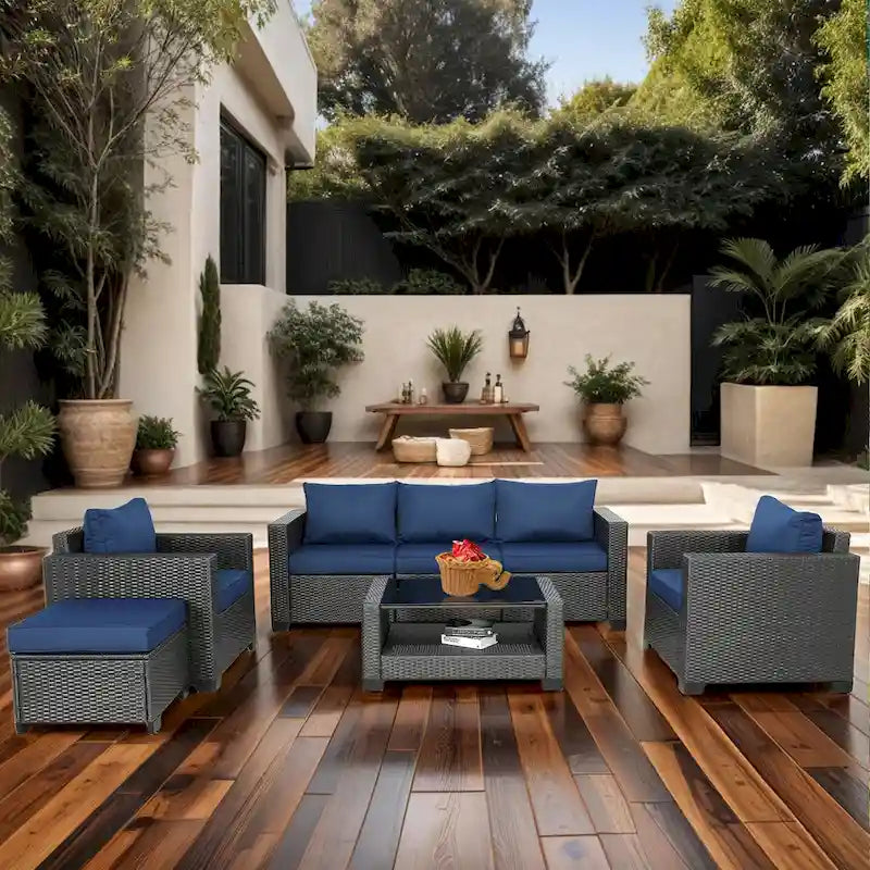 7-Piece Wicker Outdoor Sectional Set with Cushions and Table