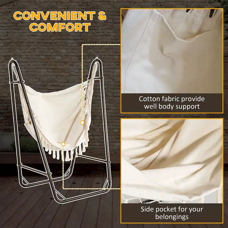 Outsunny Patio Hammock Chair with U Shape Stand, Outdoor Hammock Swing Hanging Lounge Chair with Side Pocket, Black/Cream White