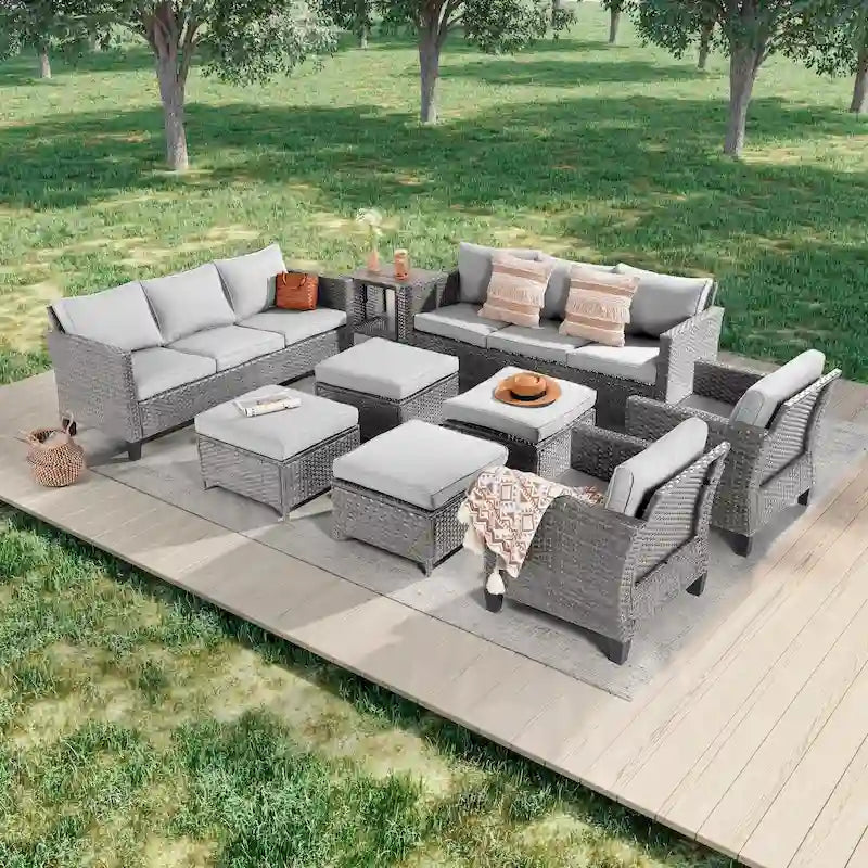 LIVOOSUN 9Pcs Patio Sofa Set Gray PE Wicker Outdoor Furniture Ottomans w/Table