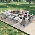 LIVOOSUN 9Pcs Patio Sofa Set Gray PE Wicker Outdoor Furniture Ottomans w/Table