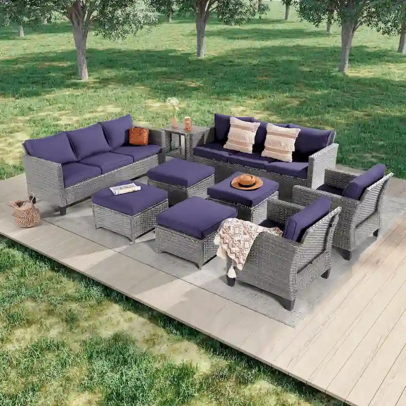 LIVOOSUN 9Pcs Patio Sofa Set Gray PE Wicker Outdoor Furniture Ottomans w/Table