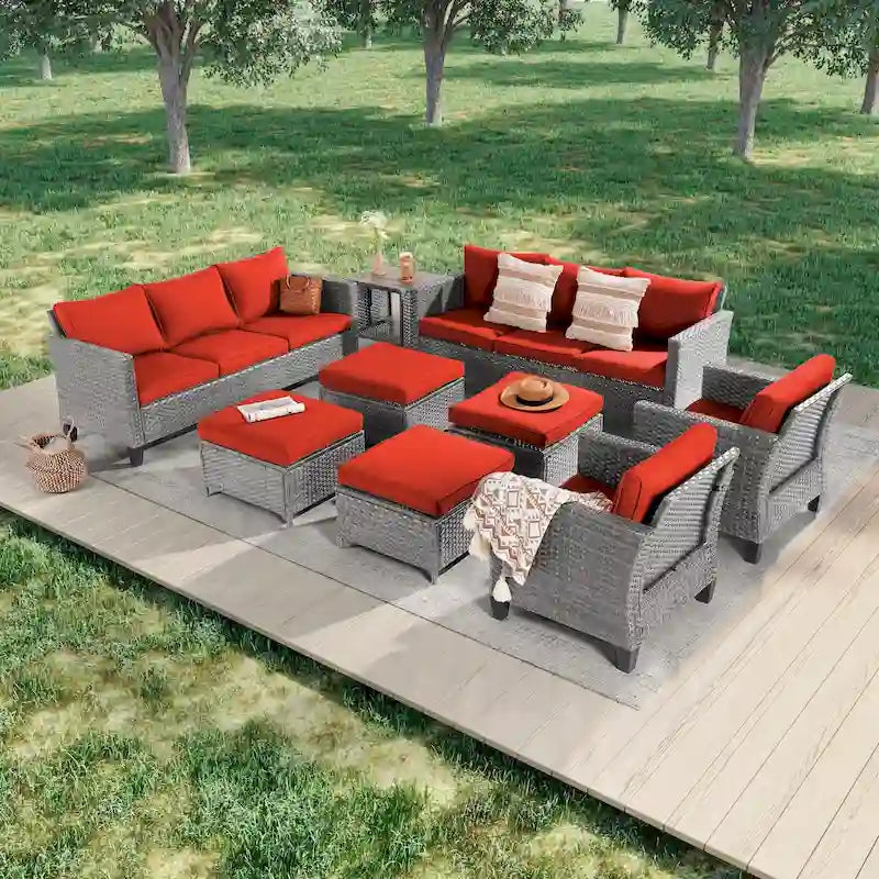 LIVOOSUN 9Pcs Patio Sofa Set Gray PE Wicker Outdoor Furniture Ottomans w/Table