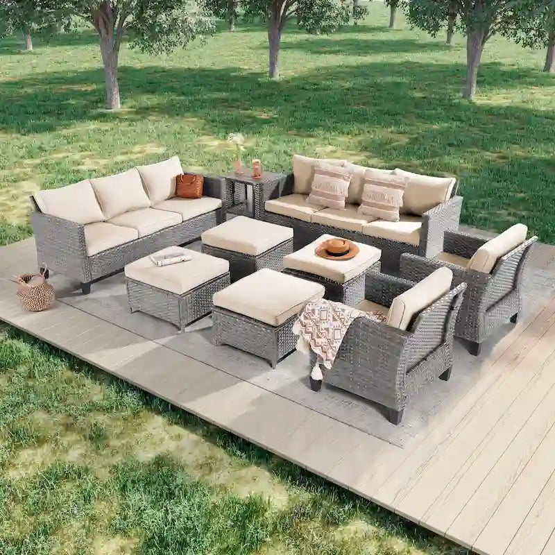 LIVOOSUN 9Pcs Patio Sofa Set Gray PE Wicker Outdoor Furniture Ottomans w/Table