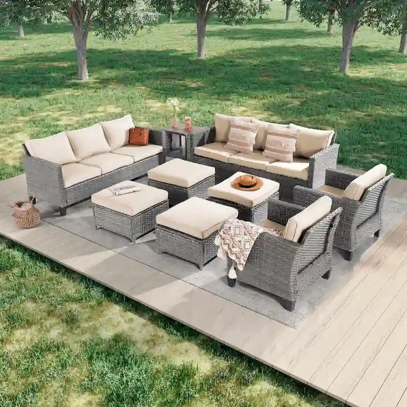 LIVOOSUN 9Pcs Patio Sofa Set Gray PE Wicker Outdoor Furniture Ottomans w/Table