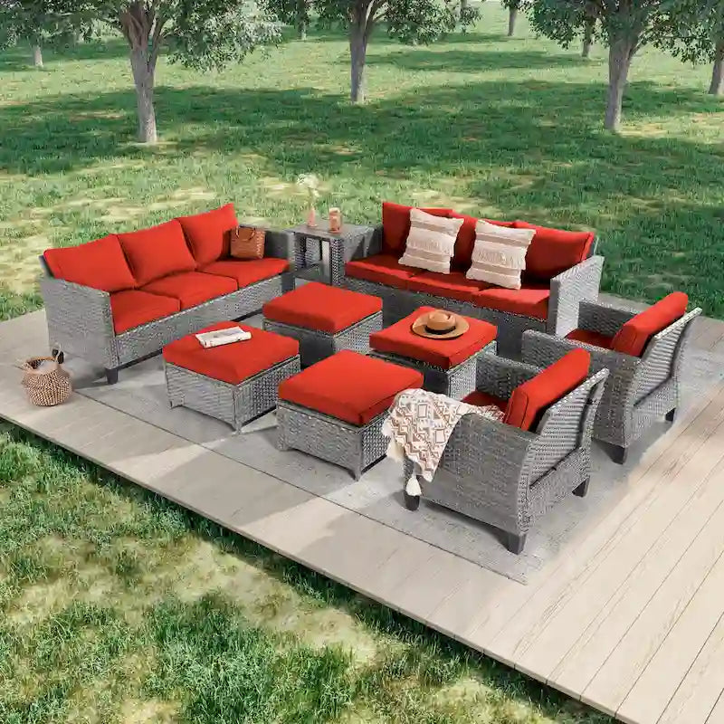LIVOOSUN 9Pcs Patio Sofa Set Gray PE Wicker Outdoor Furniture Ottomans w/Table