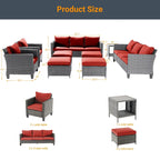 LIVOOSUN 9Pcs Patio Sofa Set Gray PE Wicker Outdoor Furniture Ottomans w/Table