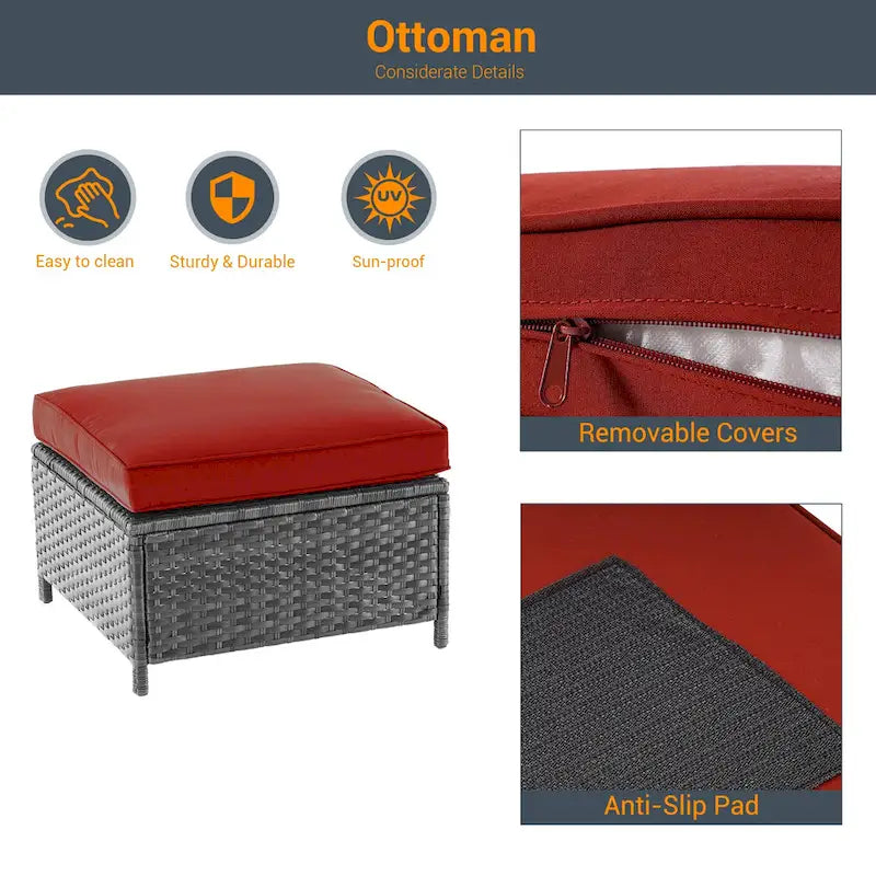 LIVOOSUN 9Pcs Patio Sofa Set Gray PE Wicker Outdoor Furniture Ottomans w/Table