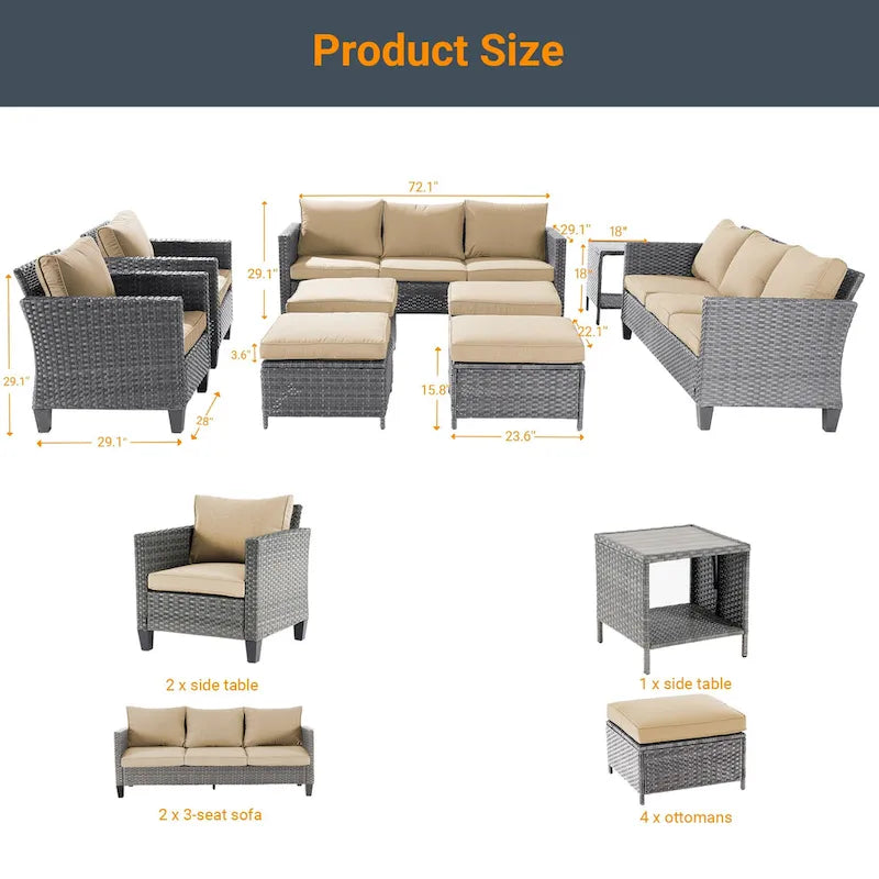 LIVOOSUN 9Pcs Patio Sofa Set Gray PE Wicker Outdoor Furniture Ottomans w/Table