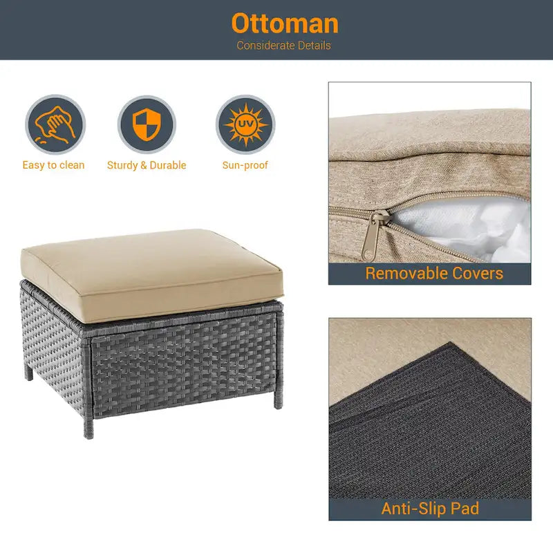 LIVOOSUN 9Pcs Patio Sofa Set Gray PE Wicker Outdoor Furniture Ottomans w/Table